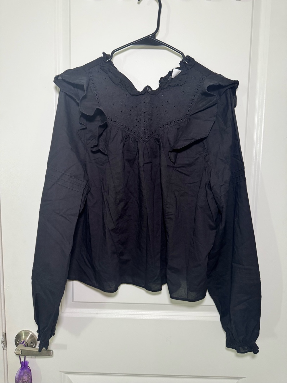 H&M Black Ruffle Eyelet Long Sleeve Blouse